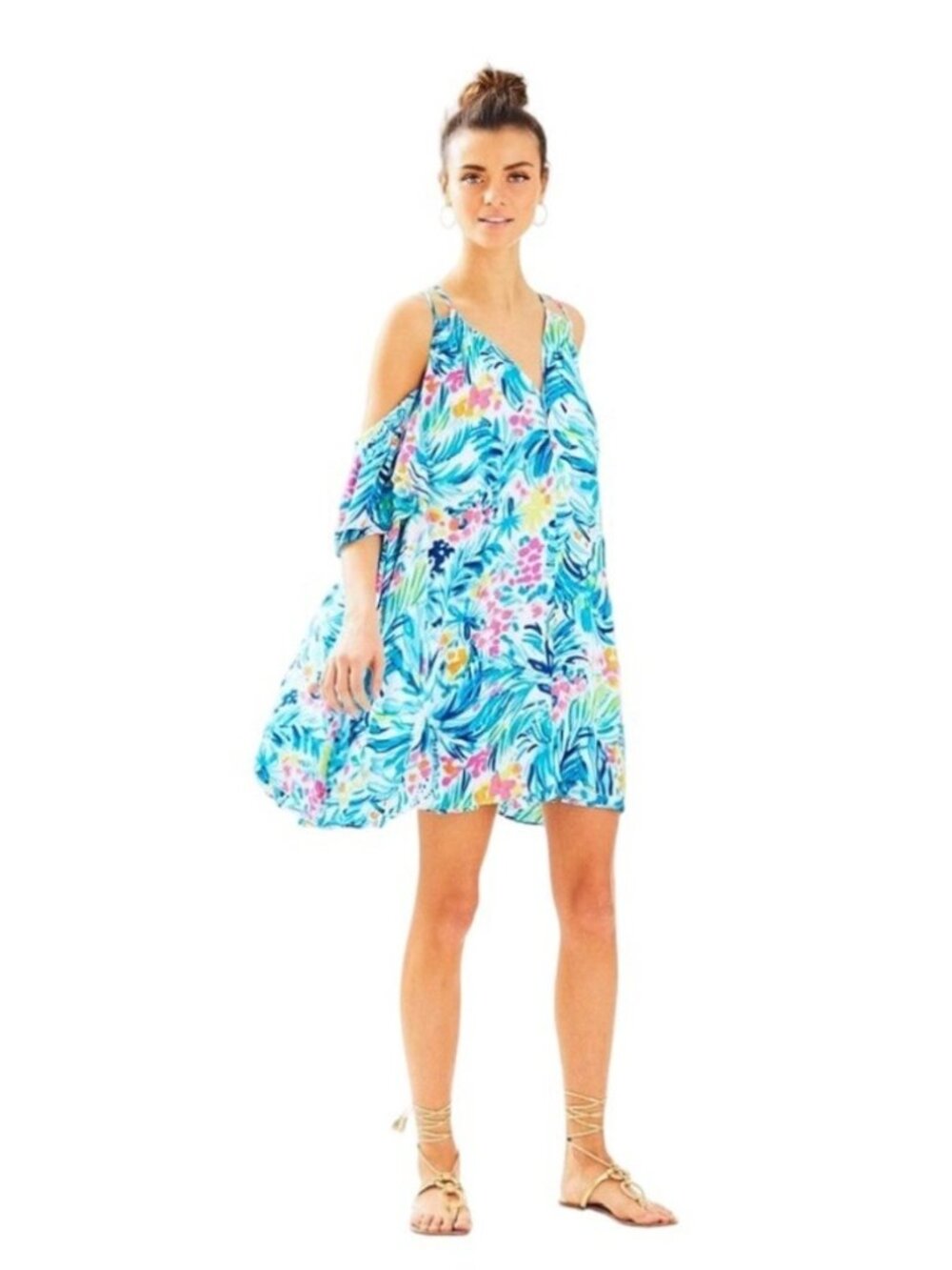 Lilly Pulitzer Bellamie Dress Women’s Size Small Blue Floral Cold Shoulder Swing